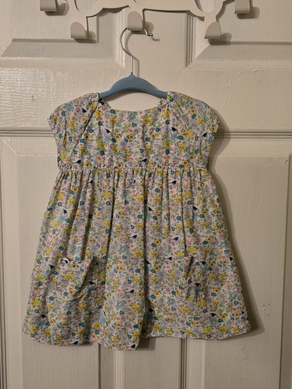 Girls White Floral Casual Dress with Yellow & Blue Flowers